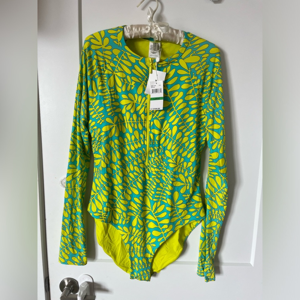 NWT Trina Turk Trillis Turquoise Zip Front Paddle Suit Swimsuit Rash Guard